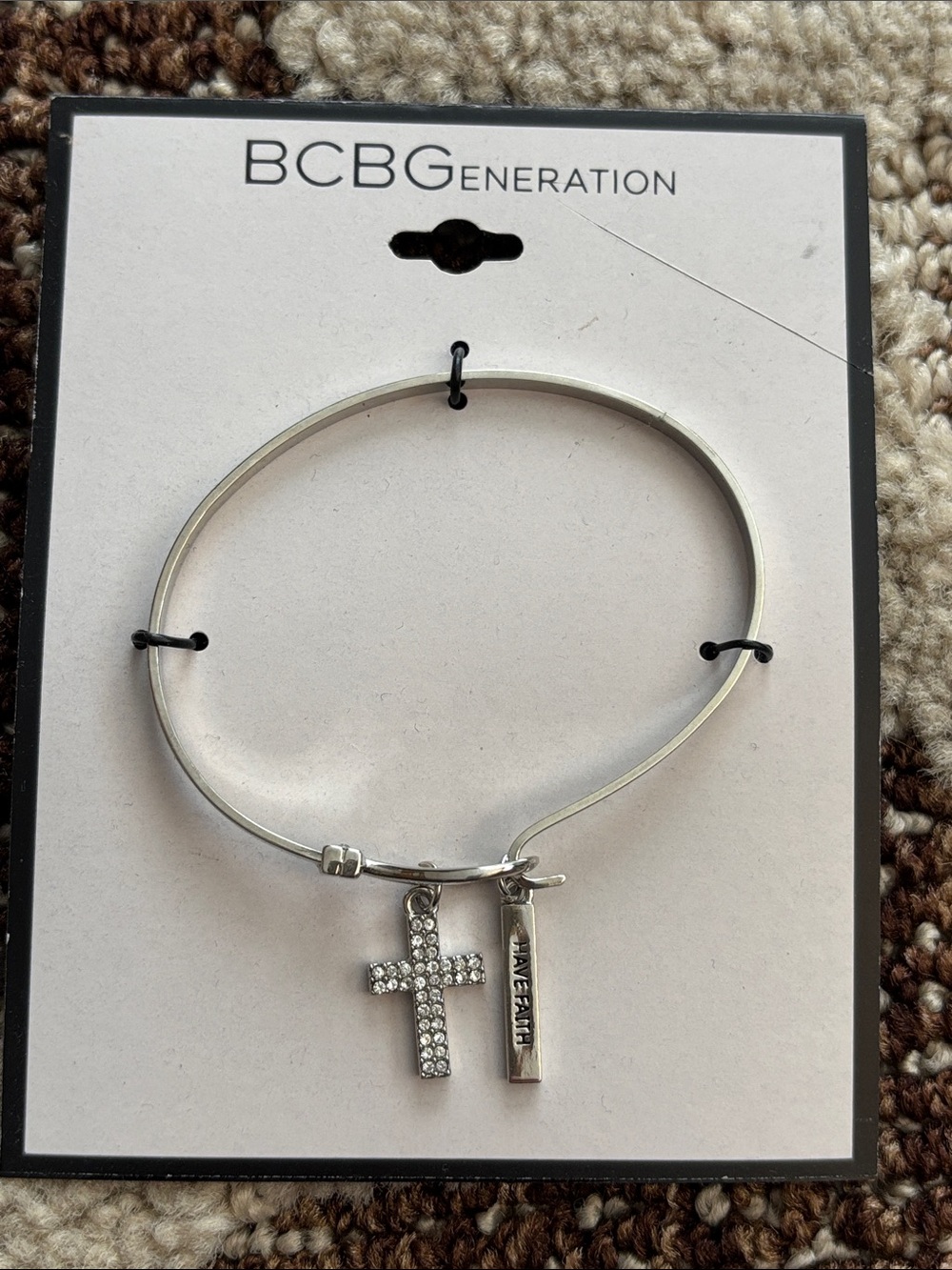 BCBGeneration Silver Rhinestone Cross Charm Bracelet with Engraved Bar